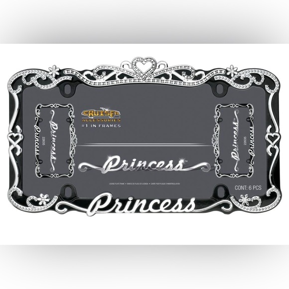 Black & Chrome Princess License Plate Frame & Diamond Bling Fasteners New - Picture 15 of 16